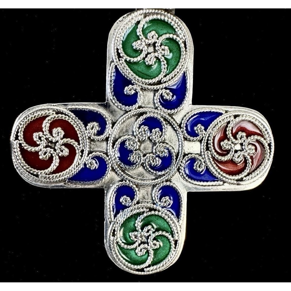 Vintage Italian 925 Sterling Silver Multicolor Enamel Cross Pendant Necklace